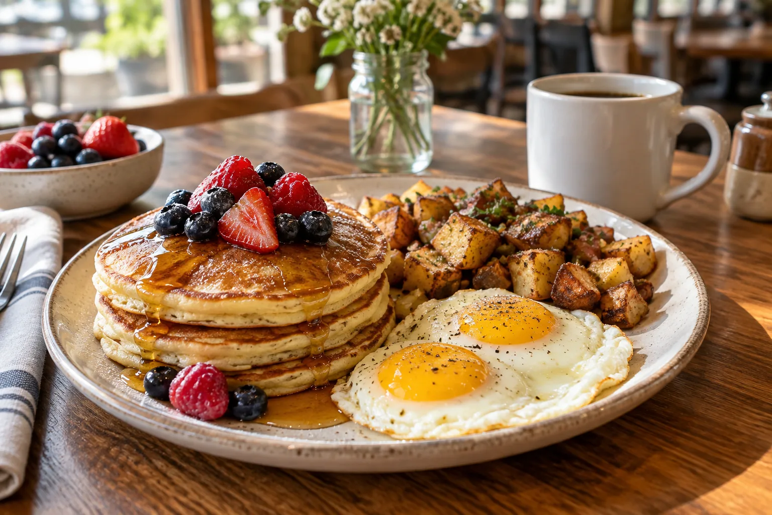 Breakfast plate with pancakes, eggs and coffee